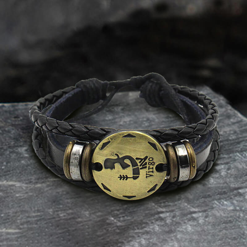 12 Zodiac Brass Leather Bracelet