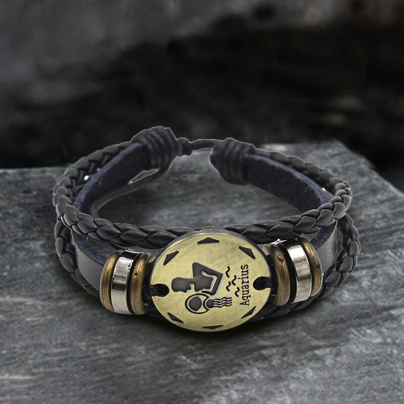 12 Zodiac Brass Leather Bracelet