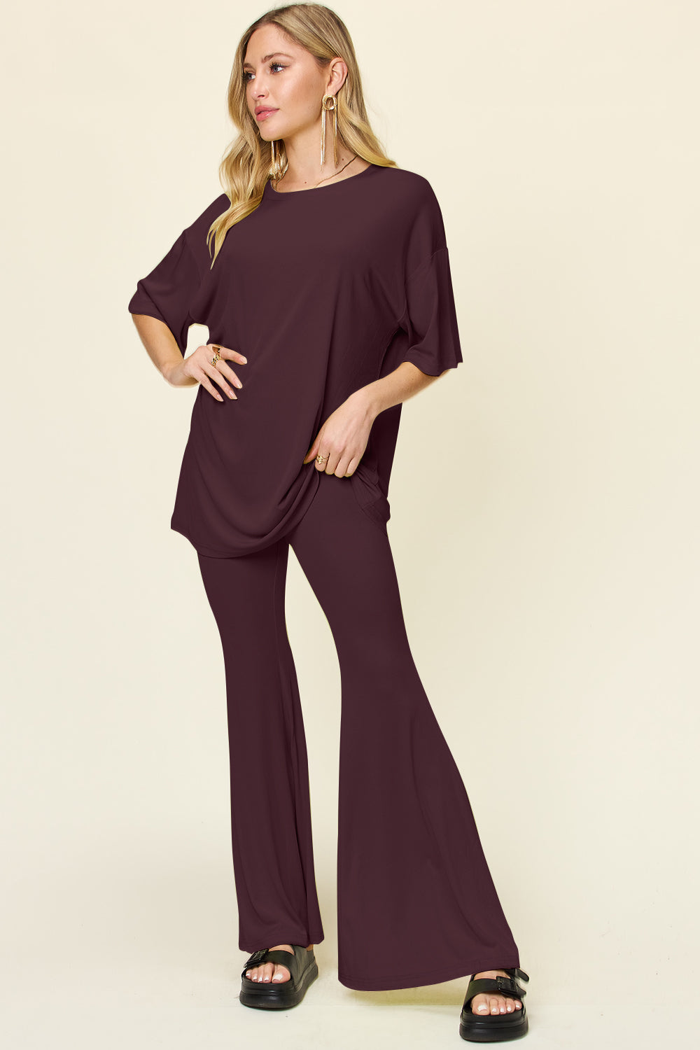 Double Take Full Size Round Neck Drop Shoulder T-Shirt and Flare Pants Set - Concordia Style Boutique