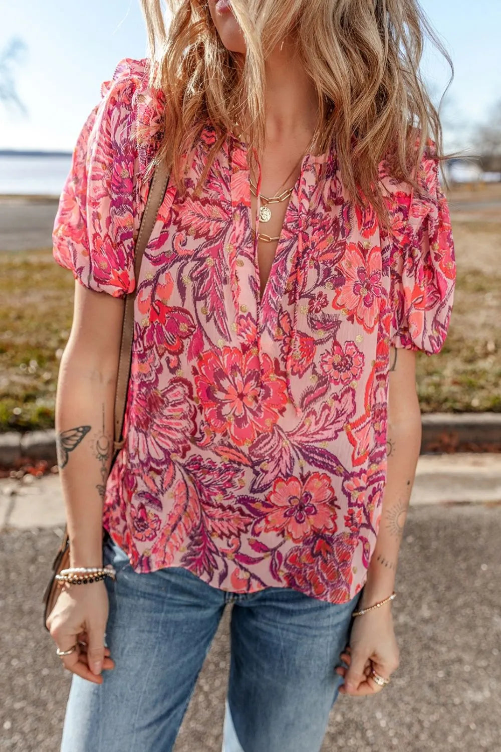 Floral Print Ruffled Puff Short Sleeve Blouse - Concordia Style Boutique