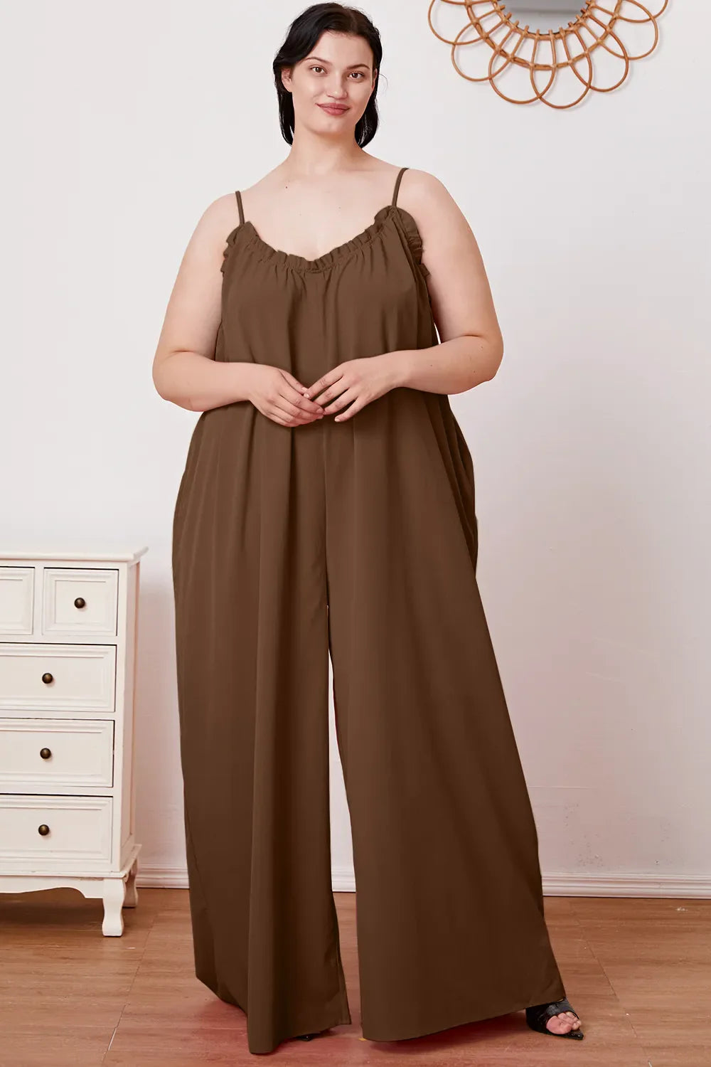 Double Take Full Size Ruffle Trim Tie Back Cami Jumpsuit with Pockets - Concordia Style Boutique
