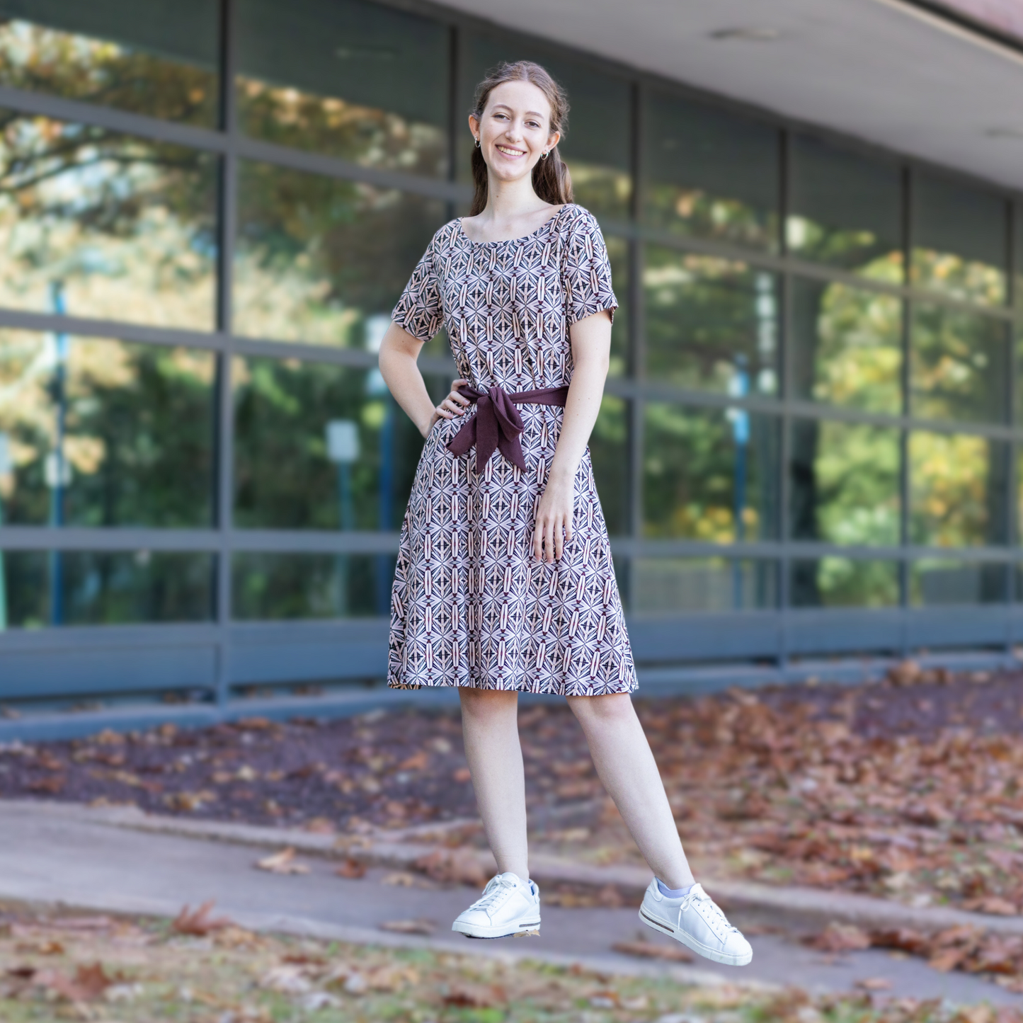 Literary Illusion Belted A-Line Dress (No Waist Seam)