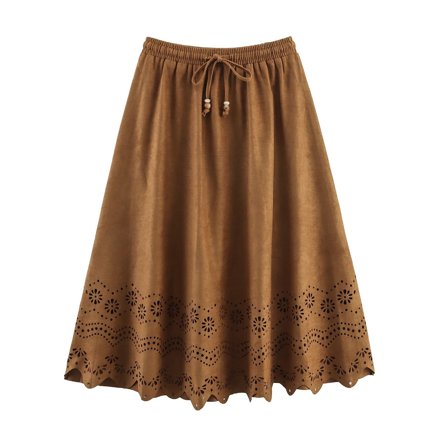 Women Clothing Autumn Retro Suede Laser Carved Hole Floral Vacation Skirt