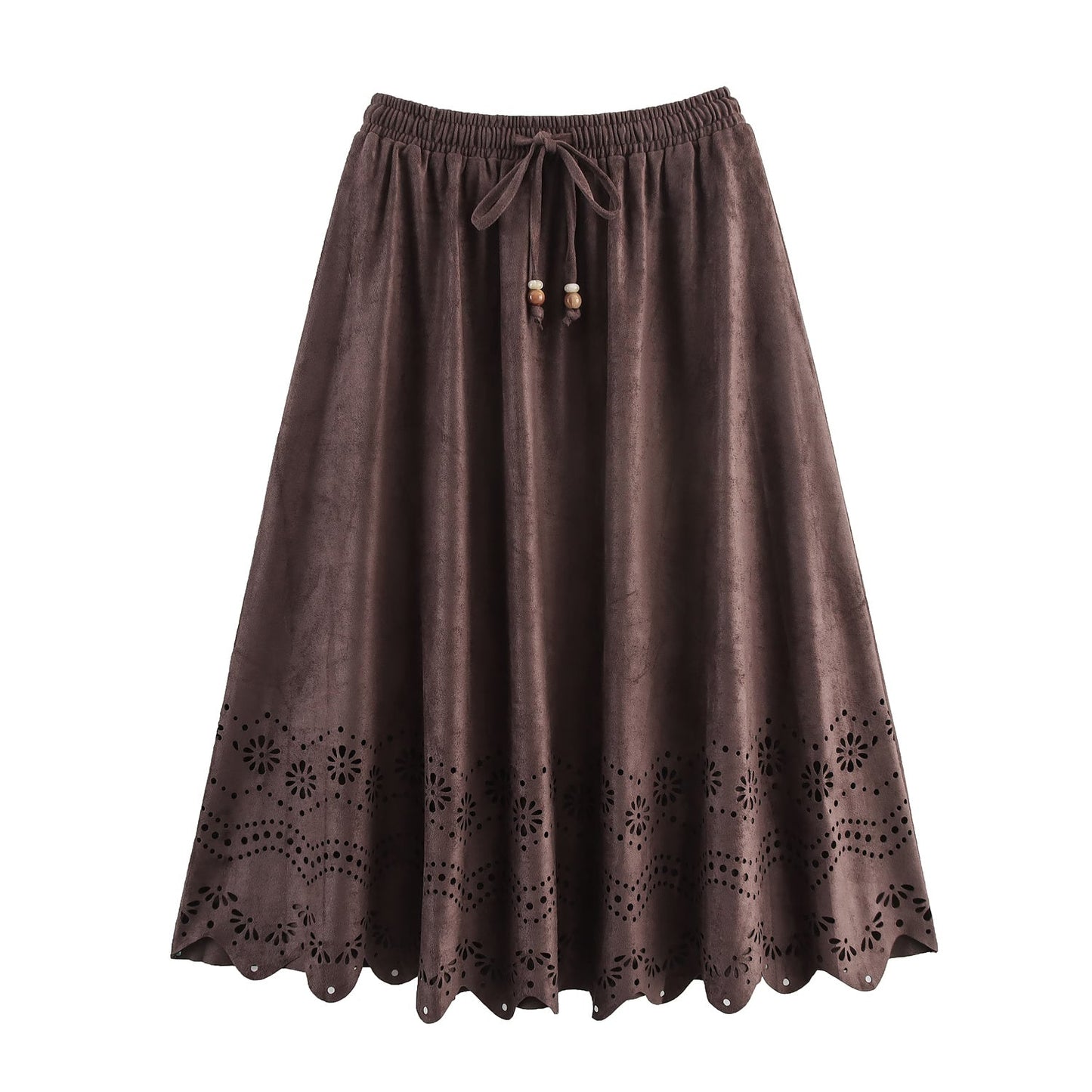 Women Clothing Autumn Retro Suede Laser Carved Hole Floral Vacation Skirt