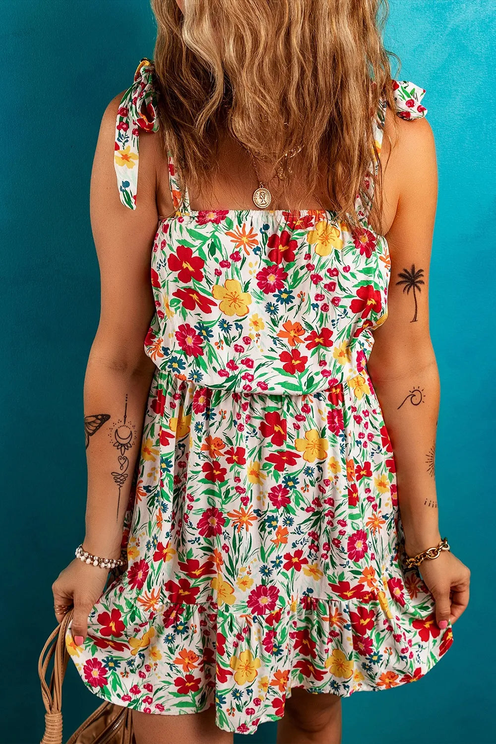 Floral Knotted Straps Cinched Waist Ruffle Hem Mini Dress - Concordia Style Boutique