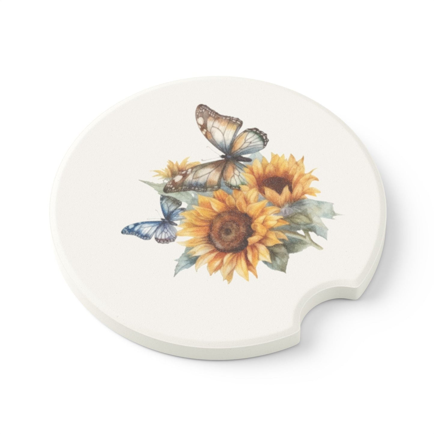 Butterfly & Sunflower Soapstone Car Coaster - Floral Home Decor, Eco-Friendly Gift, Housewarming, Summer Decor, Car Accessories