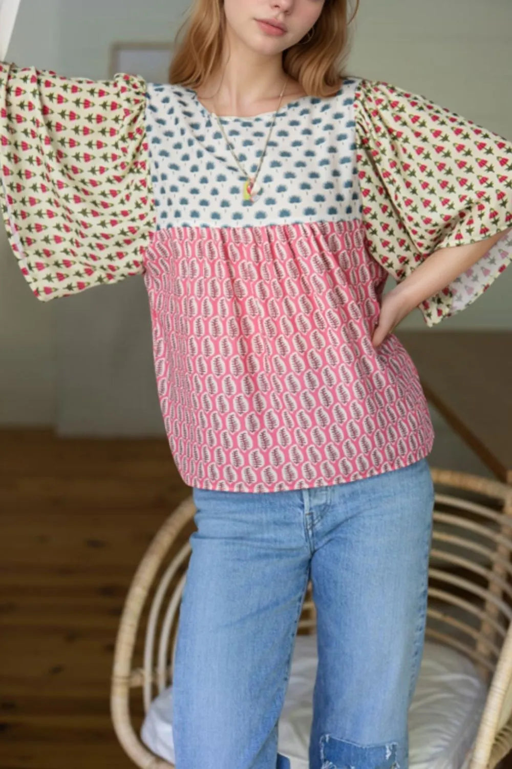 Floral Color Block Kimono Sleeves Blouse - Concordia Style Boutique