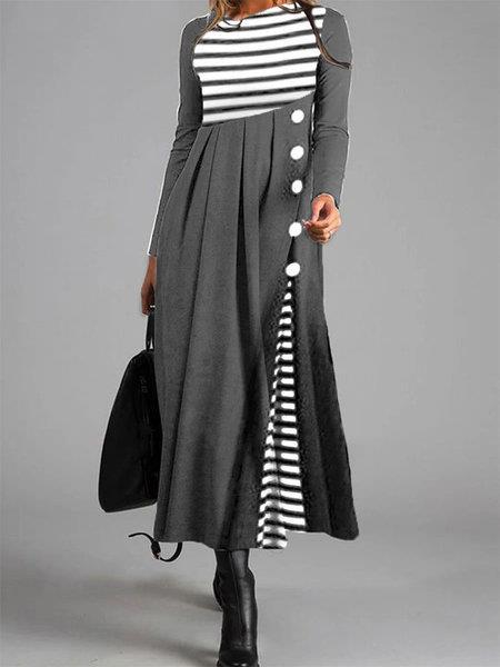 Striped Color Block Dress - Relaxed Fit Silhouette In Polyester Blend For Everyday Elegance