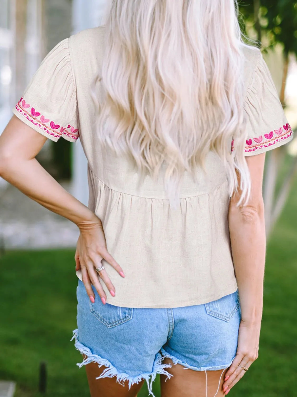 Floral Embroidered Short Sleeve Notched Blouse - Concordia Style Boutique