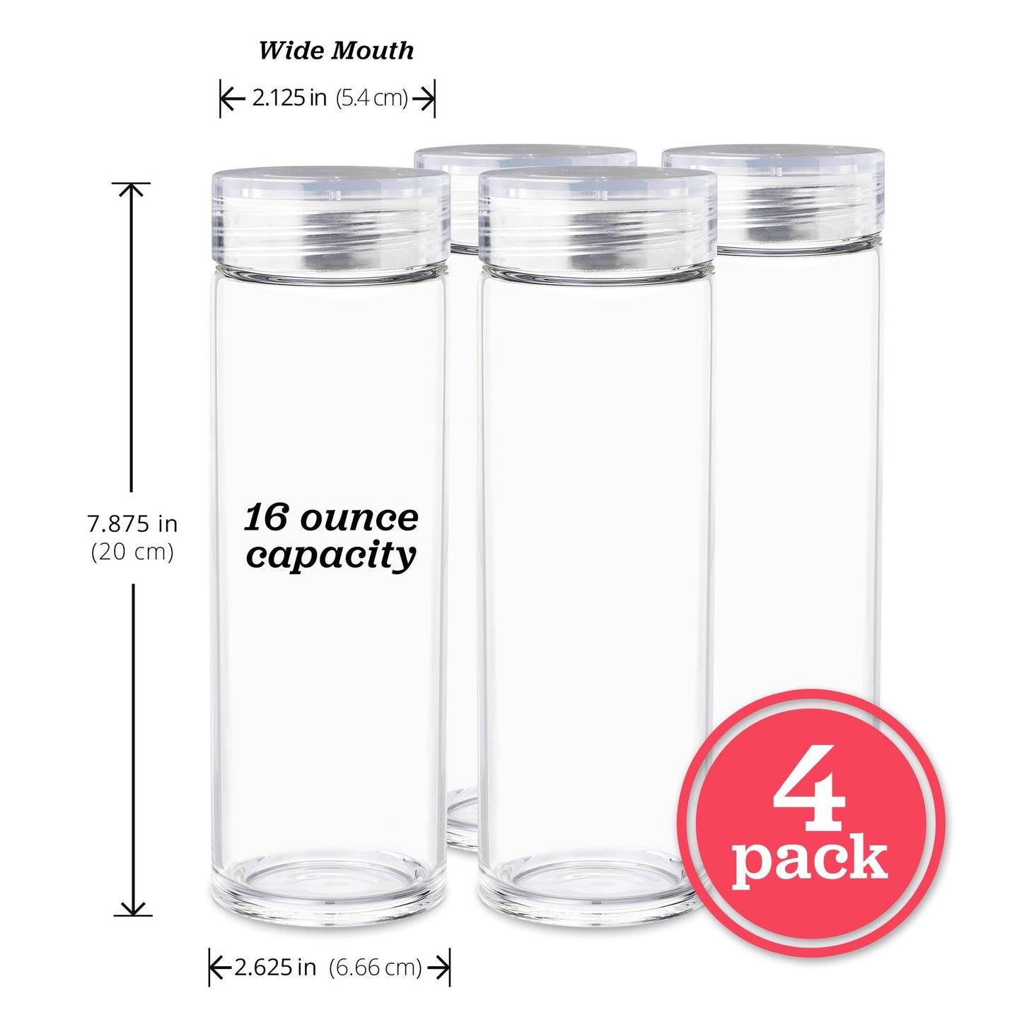 Skinny Series Glass Bottles Set w/ Crystal Clear Lids, 16 oz
