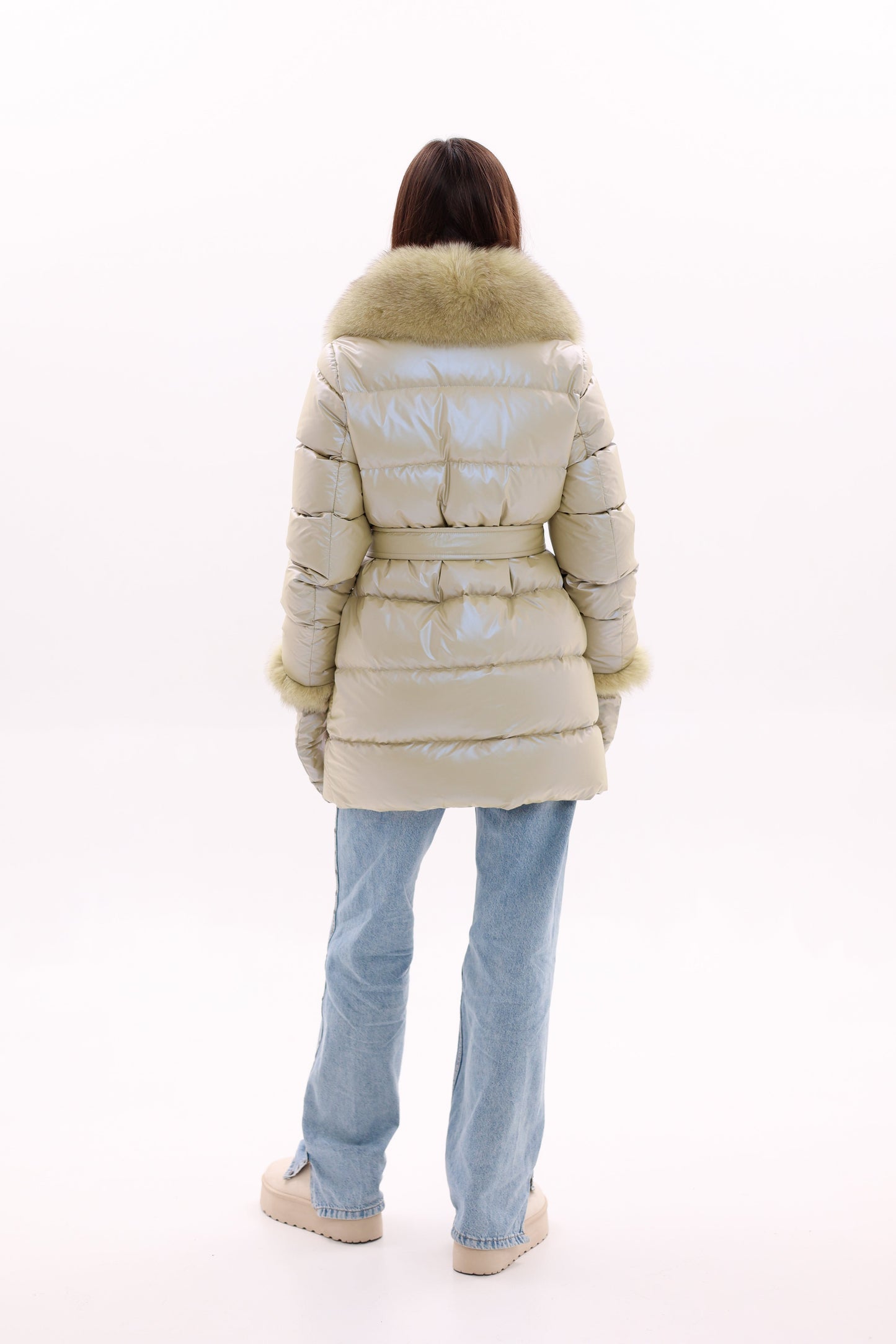 Genuine Fox Fur Down Coat with Fur Trim Mittens