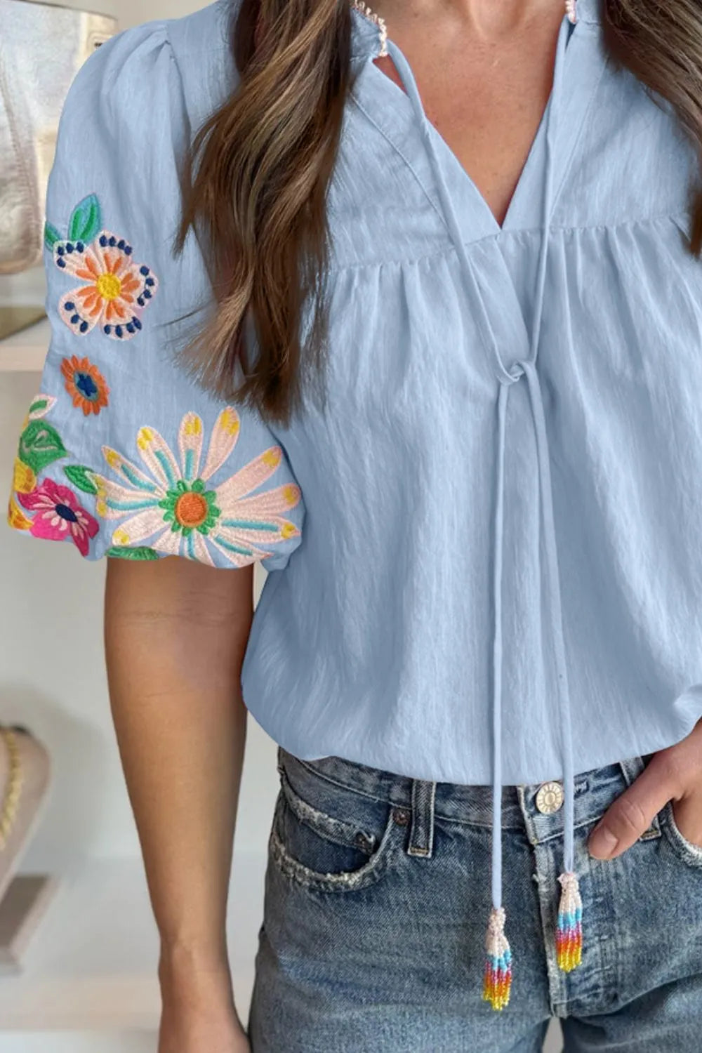 Embroidered Tie Neck Short Sleeve Blouse - Concordia Style Boutique