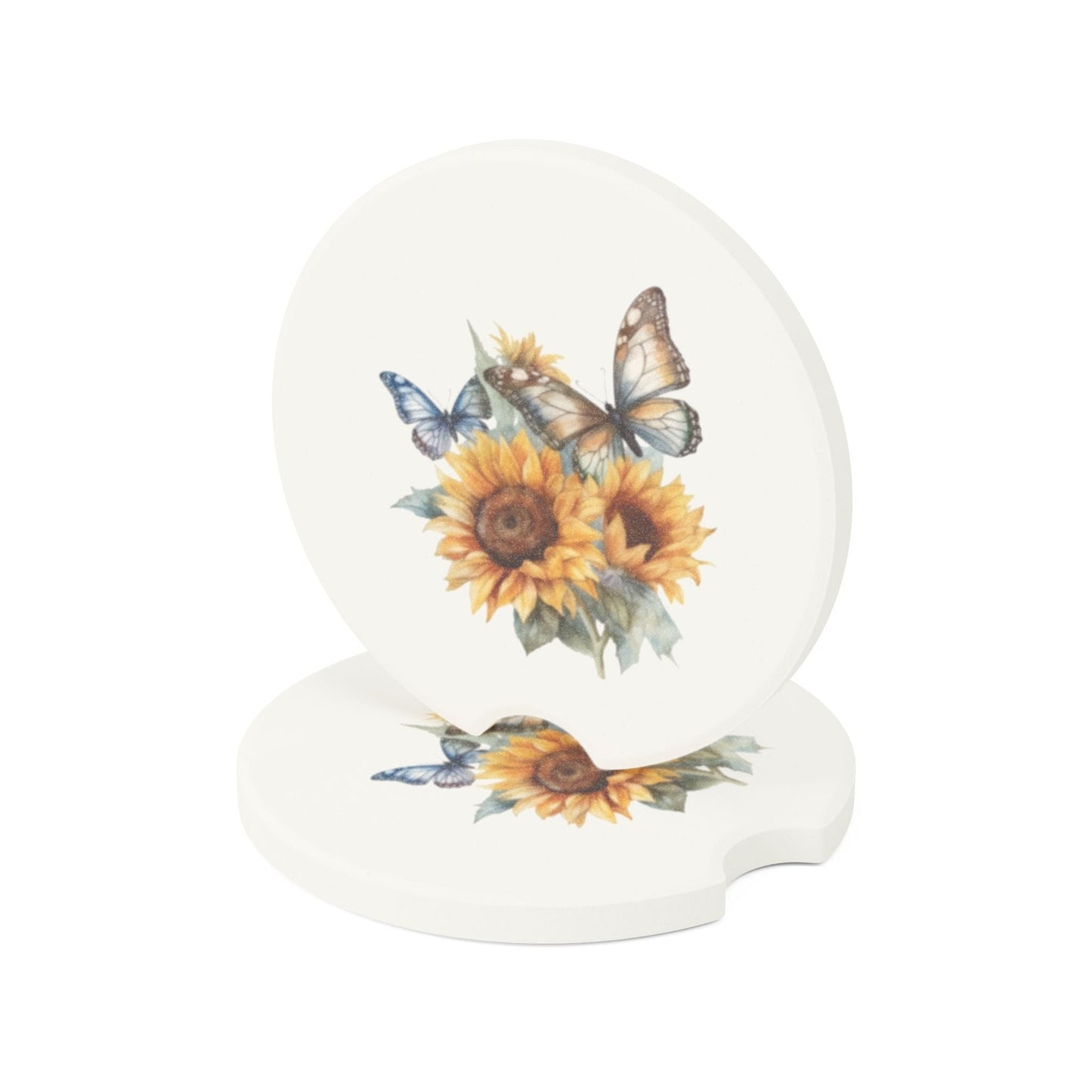 Butterfly & Sunflower Soapstone Car Coaster - Floral Home Decor, Eco-Friendly Gift, Housewarming, Summer Decor, Car Accessories