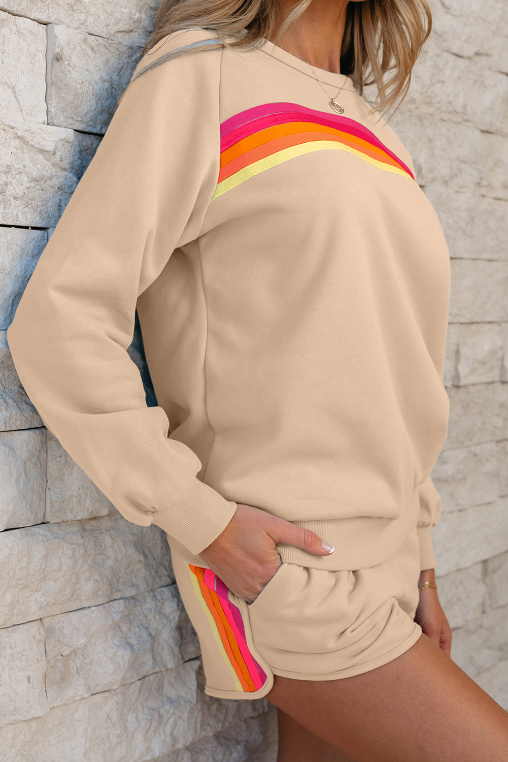 Luxury Striped Accent Pullover and Shorts Two Piece Casual Set - Concordia Style Boutique