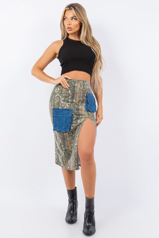 Cargo Skirt with contrast pockets in Woodland Camo - Concordia Style Boutique