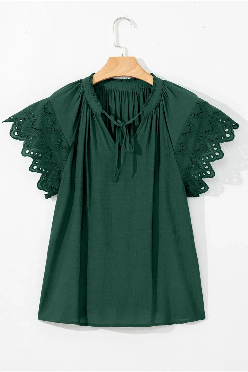 Eyelet Embroidered Sleeve Tie Neck Blouse - Concordia Style Boutique
