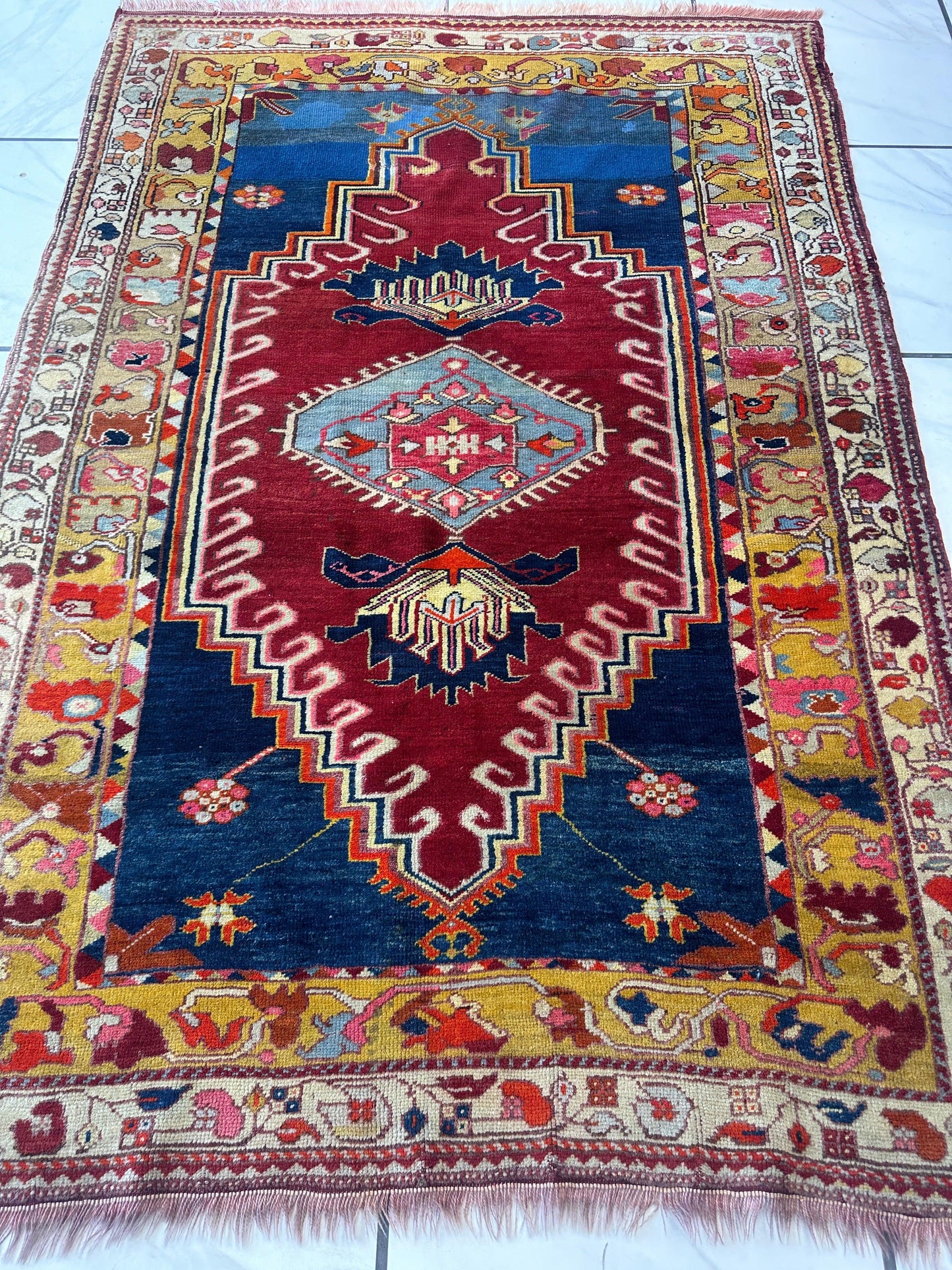 Hand-Knotted Antique Turkish Melas Wool Rug – 4'3" x 5'11" – Vibrant Geometric Motifs