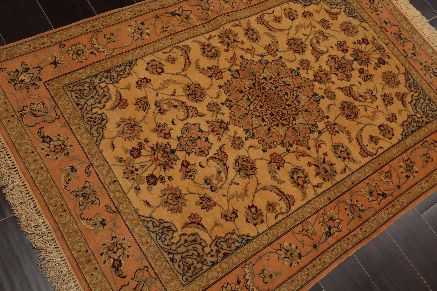 3' 1''x5' 2'' Hand Knotted 100% Pure Silk Traditional Isfahan with 400 KPSI Oriental Area Rug Gold, Peach Color - Concordia Style Boutique