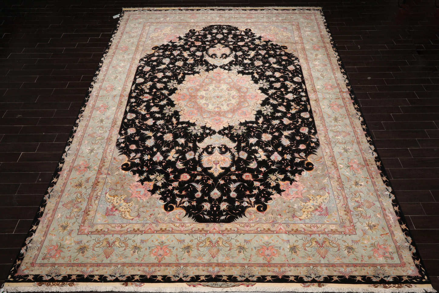 11' 6''x16' 10'' Palace Hand Knotted Wool and Silk Tabriz Traditional 400 KPSI Oriental Area Rug Black, Aqua Color - Concordia Style Boutique