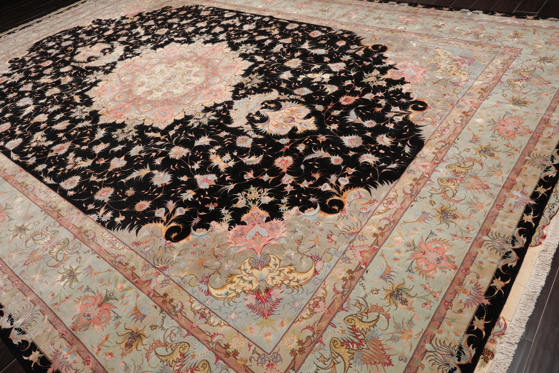 11' 6''x16' 10'' Palace Hand Knotted Wool and Silk Tabriz Traditional 400 KPSI Oriental Area Rug Black, Aqua Color - Concordia Style Boutique