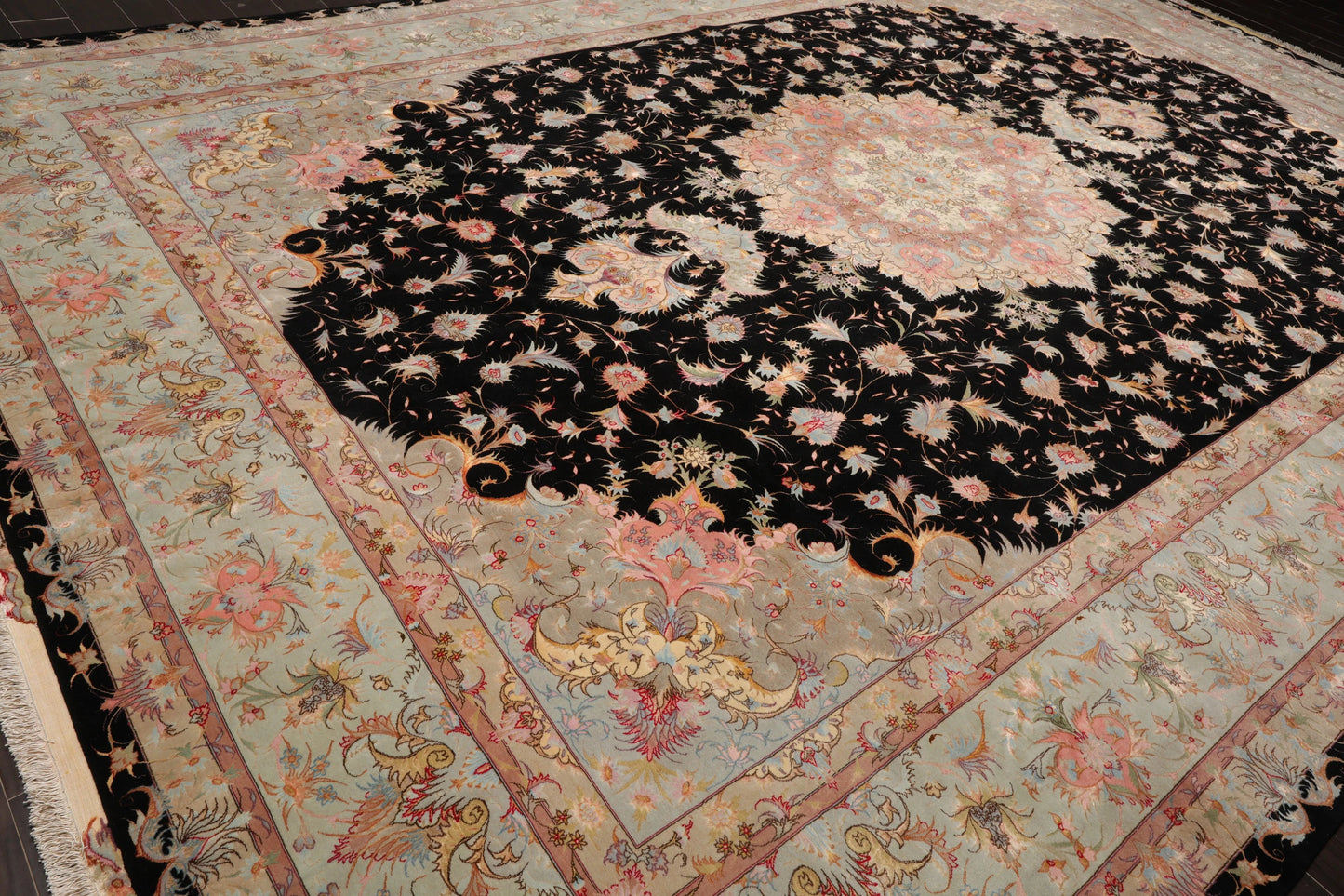 11' 6''x16' 10'' Palace Hand Knotted Wool and Silk Tabriz Traditional 400 KPSI Oriental Area Rug Black, Aqua Color - Concordia Style Boutique