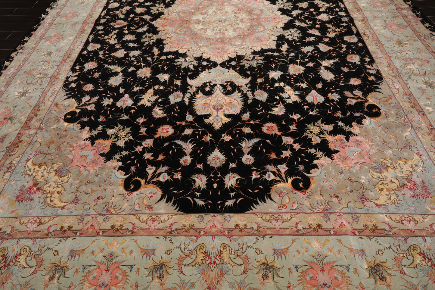 11' 6''x16' 10'' Palace Hand Knotted Wool and Silk Tabriz Traditional 400 KPSI Oriental Area Rug Black, Aqua Color - Concordia Style Boutique