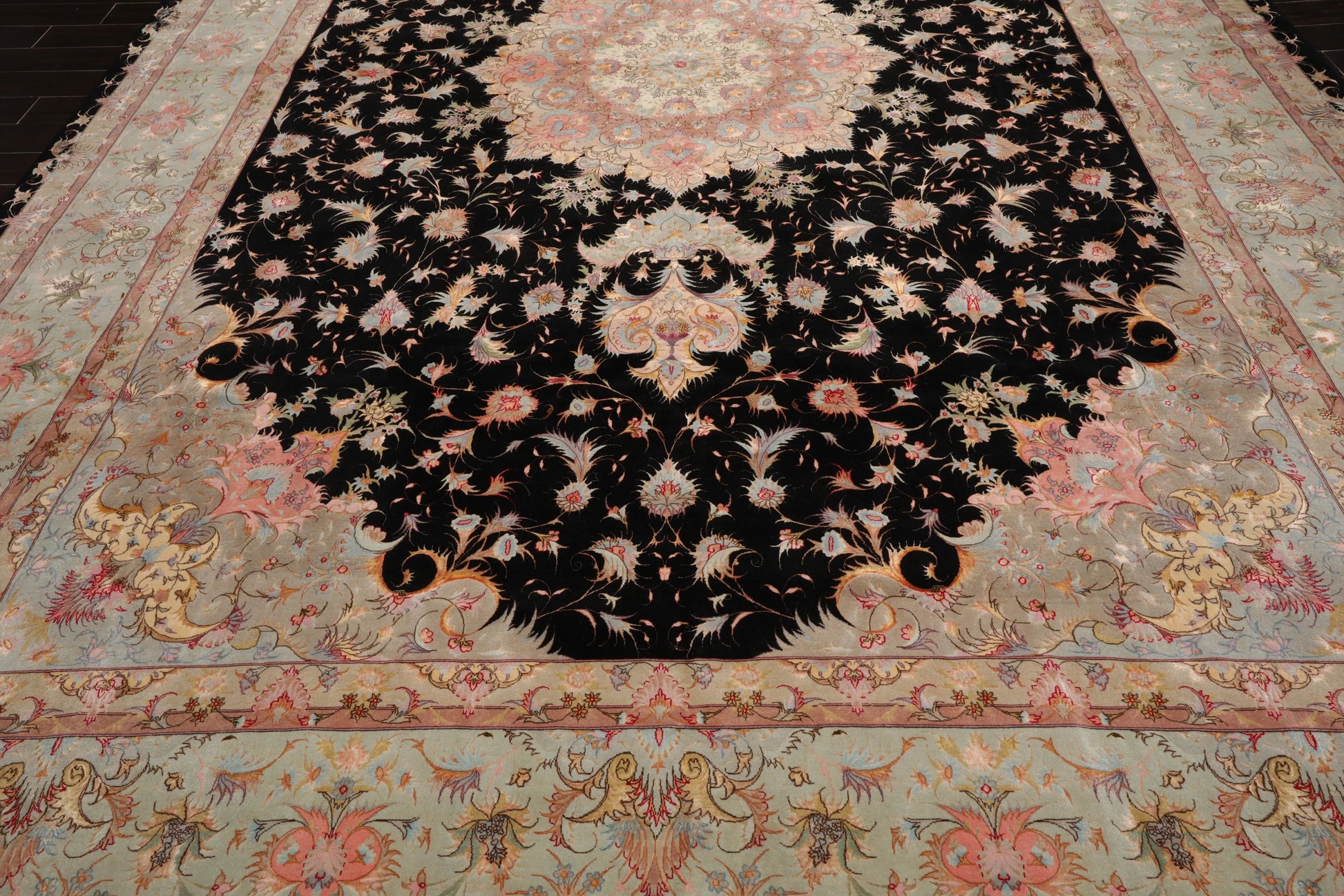 11' 6''x16' 10'' Palace Hand Knotted Wool and Silk Tabriz Traditional 400 KPSI Oriental Area Rug Black, Aqua Color - Concordia Style Boutique
