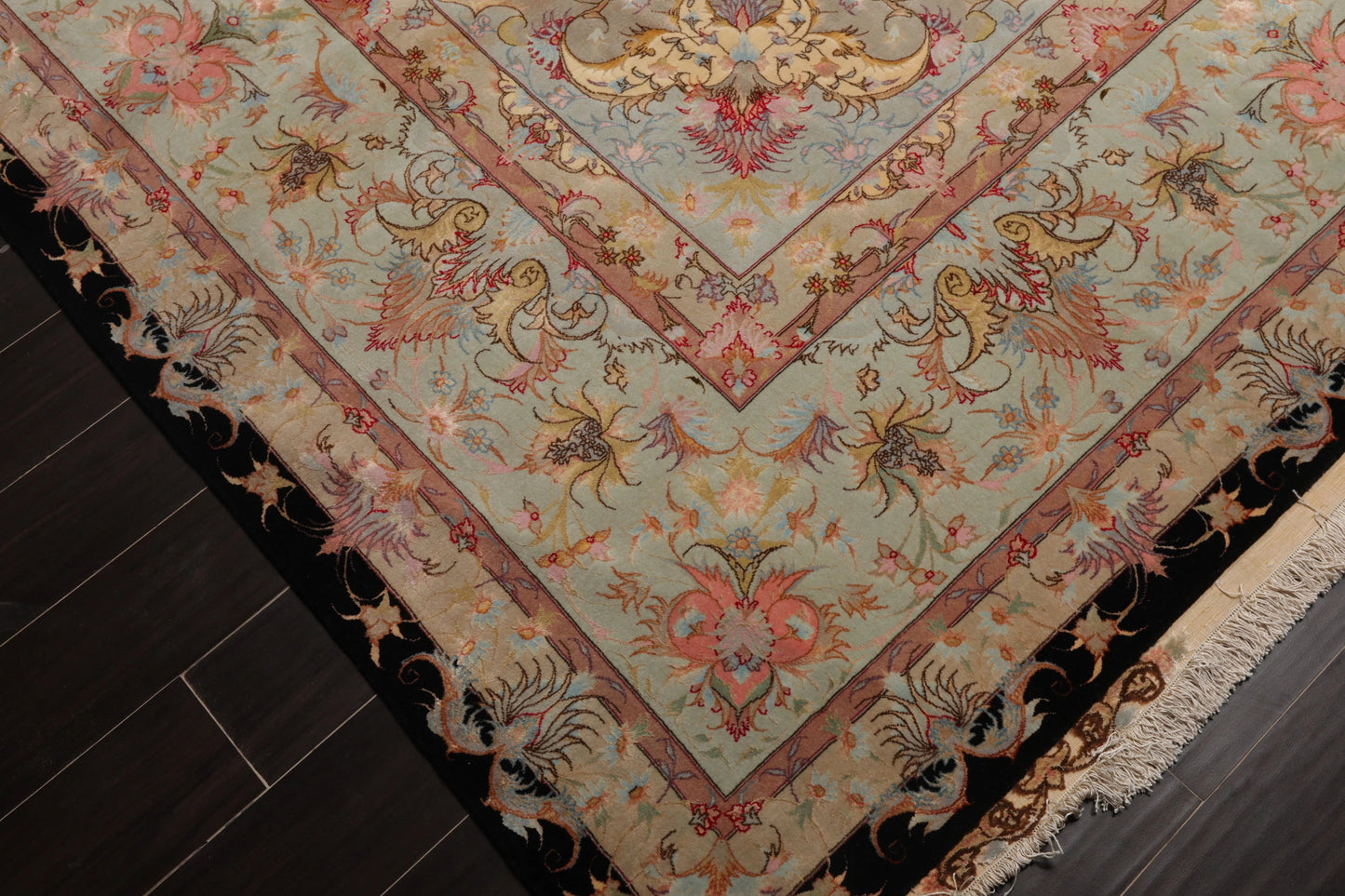 11' 6''x16' 10'' Palace Hand Knotted Wool and Silk Tabriz Traditional 400 KPSI Oriental Area Rug Black, Aqua Color - Concordia Style Boutique