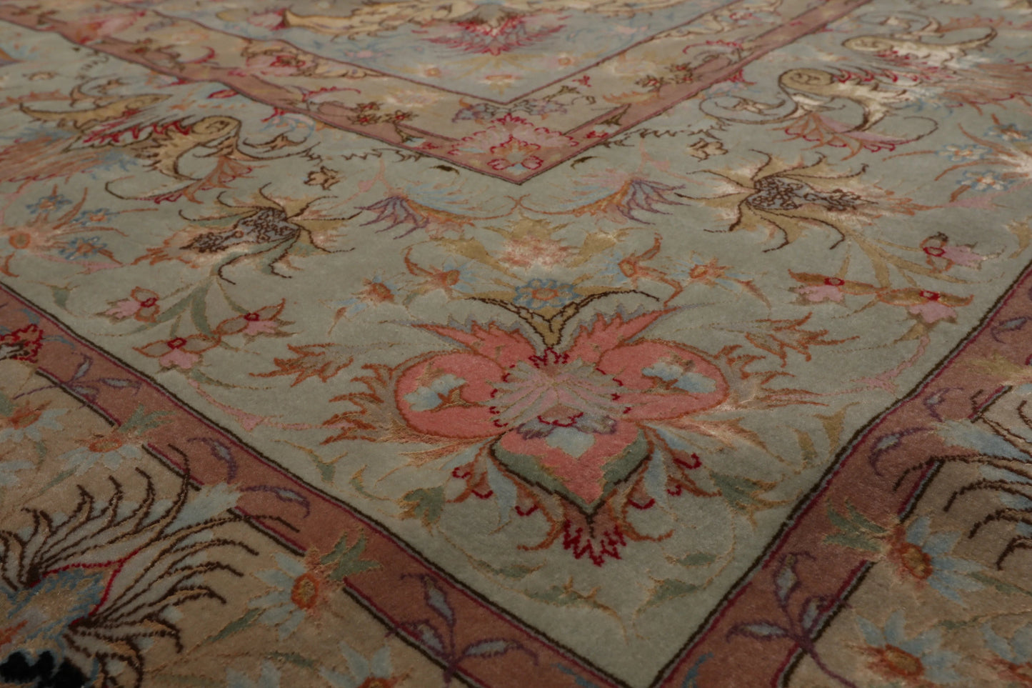 11' 6''x16' 10'' Palace Hand Knotted Wool and Silk Tabriz Traditional 400 KPSI Oriental Area Rug Black, Aqua Color - Concordia Style Boutique