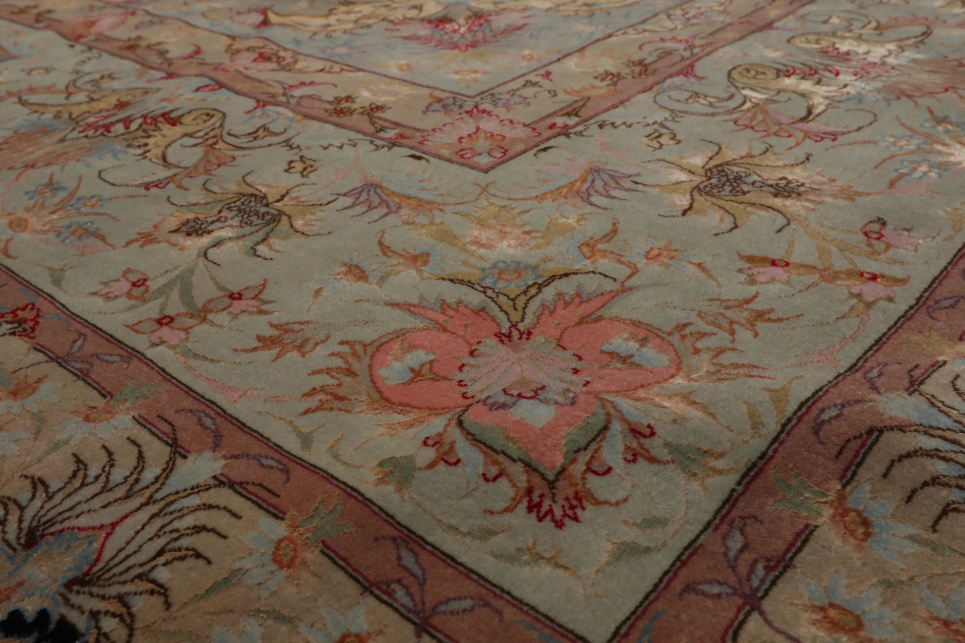 11' 6''x16' 10'' Palace Hand Knotted Wool and Silk Tabriz Traditional 400 KPSI Oriental Area Rug Black, Aqua Color - Concordia Style Boutique