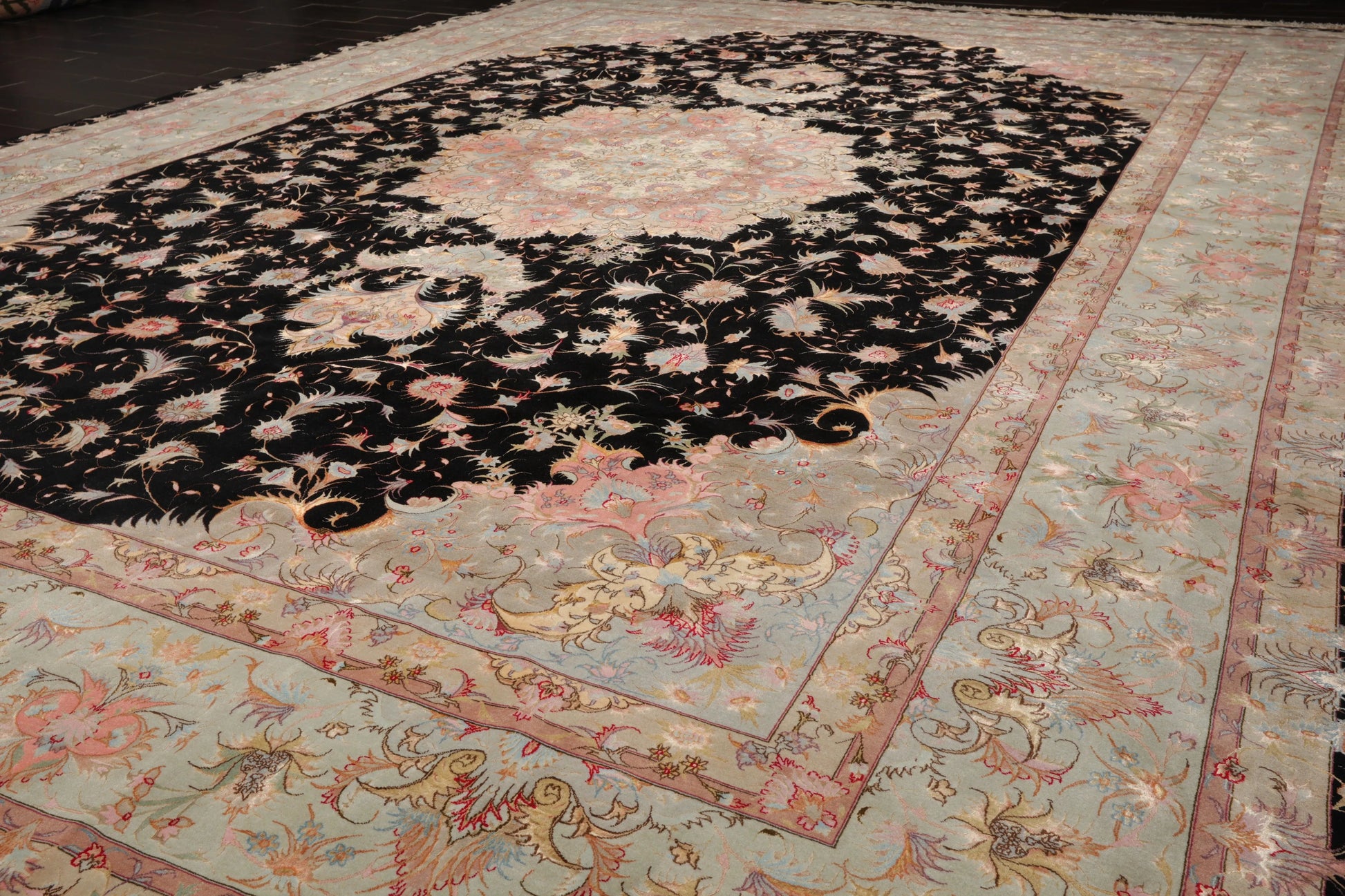 11' 6''x16' 10'' Palace Hand Knotted Wool and Silk Tabriz Traditional 400 KPSI Oriental Area Rug Black, Aqua Color - Concordia Style Boutique