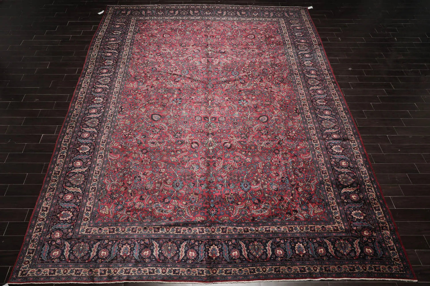 12' 4''x16' 7'' Palace Burgundy, Midnight Blue Hand Knotted 100% Wool Mashad Traditional Oriental Area Rug - Concordia Style Boutique