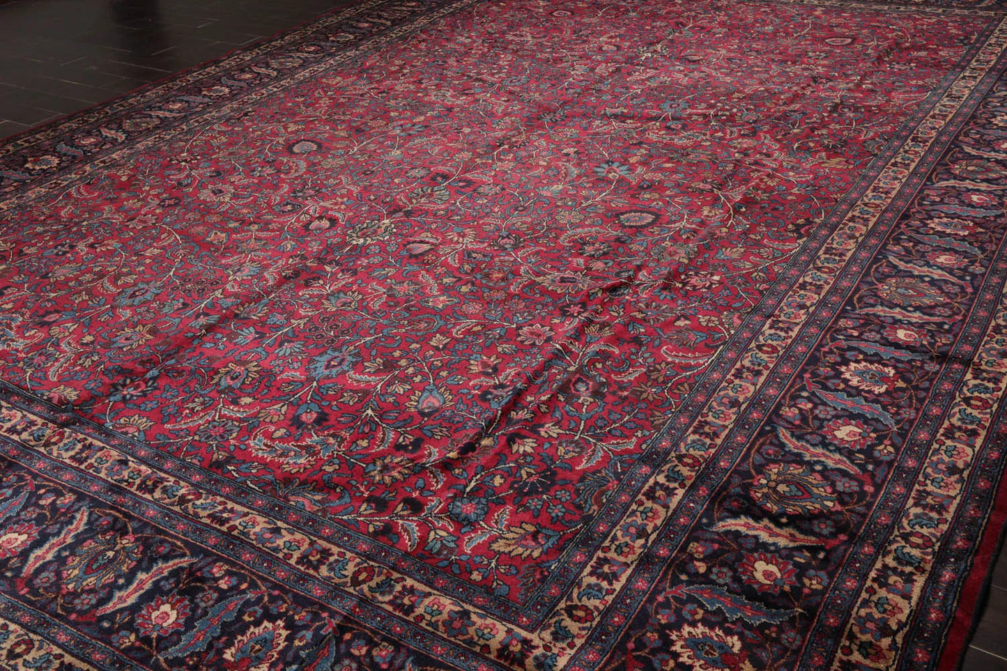 12' 4''x16' 7'' Palace Burgundy, Midnight Blue Hand Knotted 100% Wool Mashad Traditional Oriental Area Rug - Concordia Style Boutique