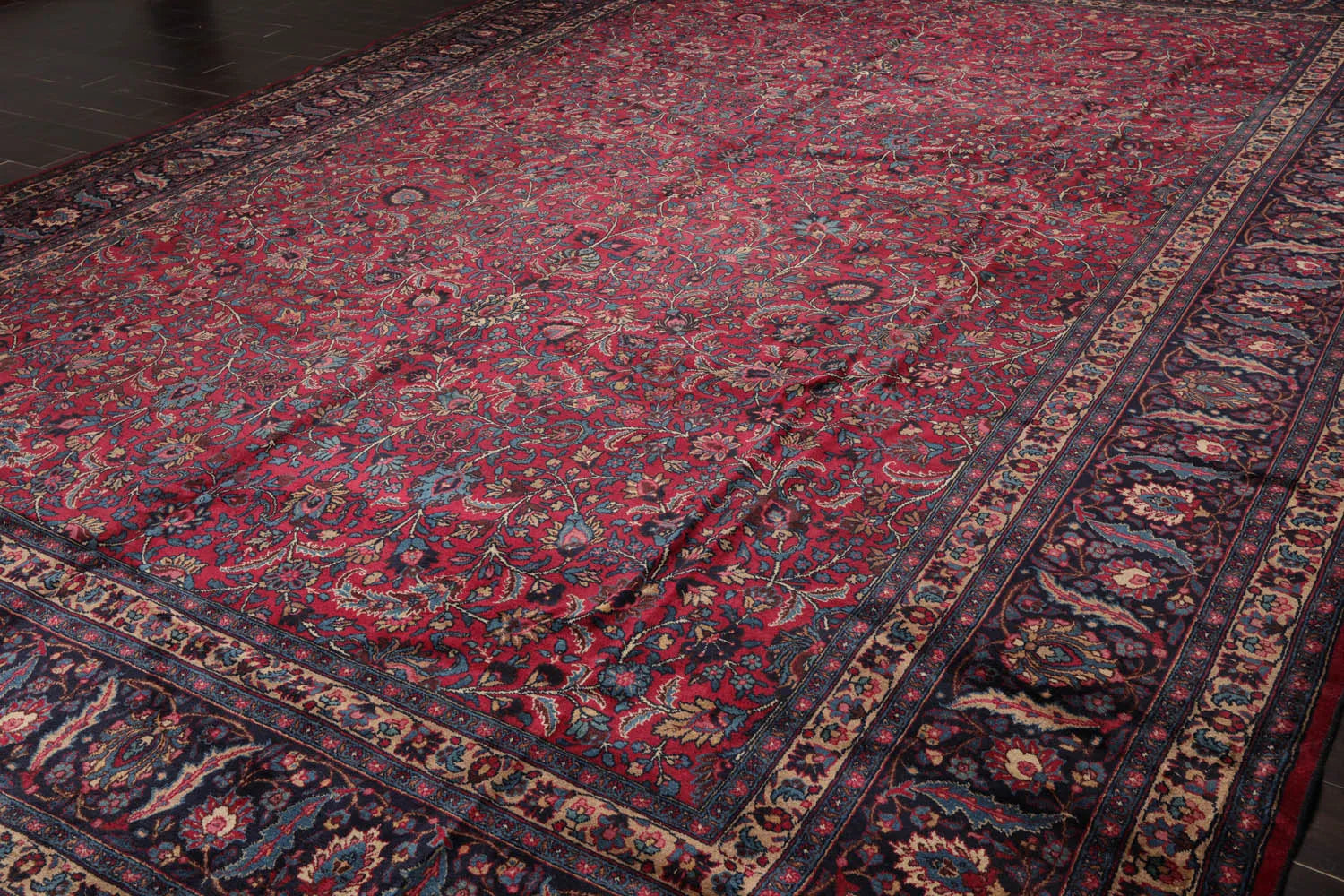 12' 4''x16' 7'' Palace Burgundy, Midnight Blue Hand Knotted 100% Wool Mashad Traditional Oriental Area Rug - Concordia Style Boutique