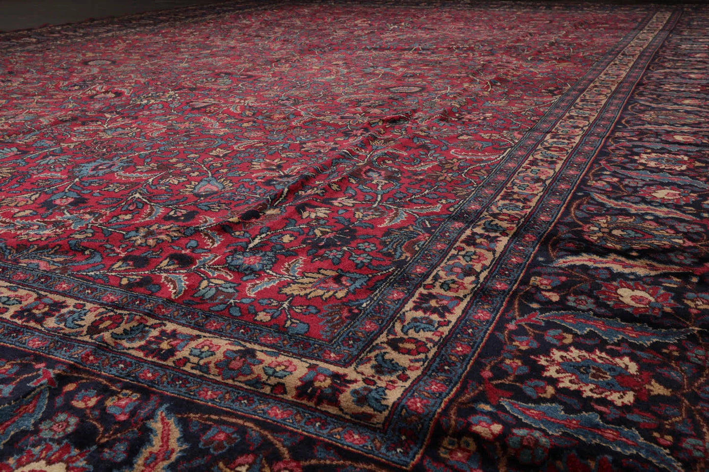 12' 4''x16' 7'' Palace Burgundy, Midnight Blue Hand Knotted 100% Wool Mashad Traditional Oriental Area Rug - Concordia Style Boutique