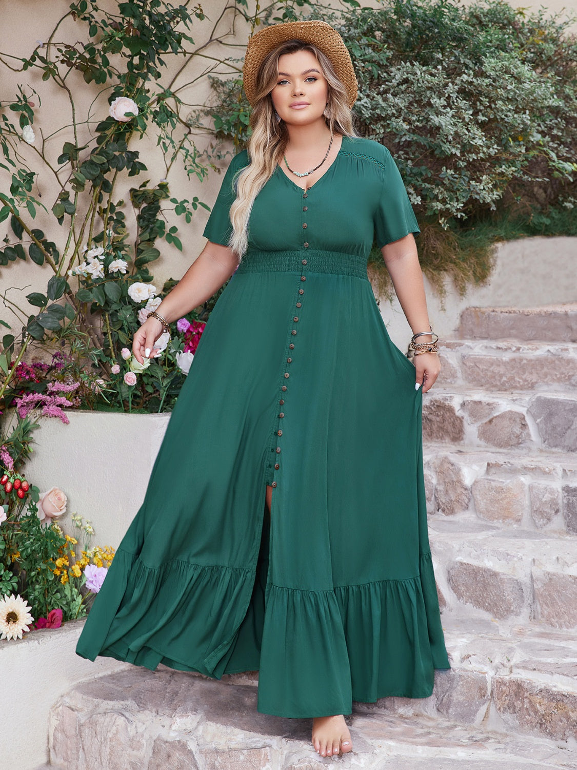 Button Detail V-Neck Short Sleeve Maxi Dress - Concordia Style Boutique