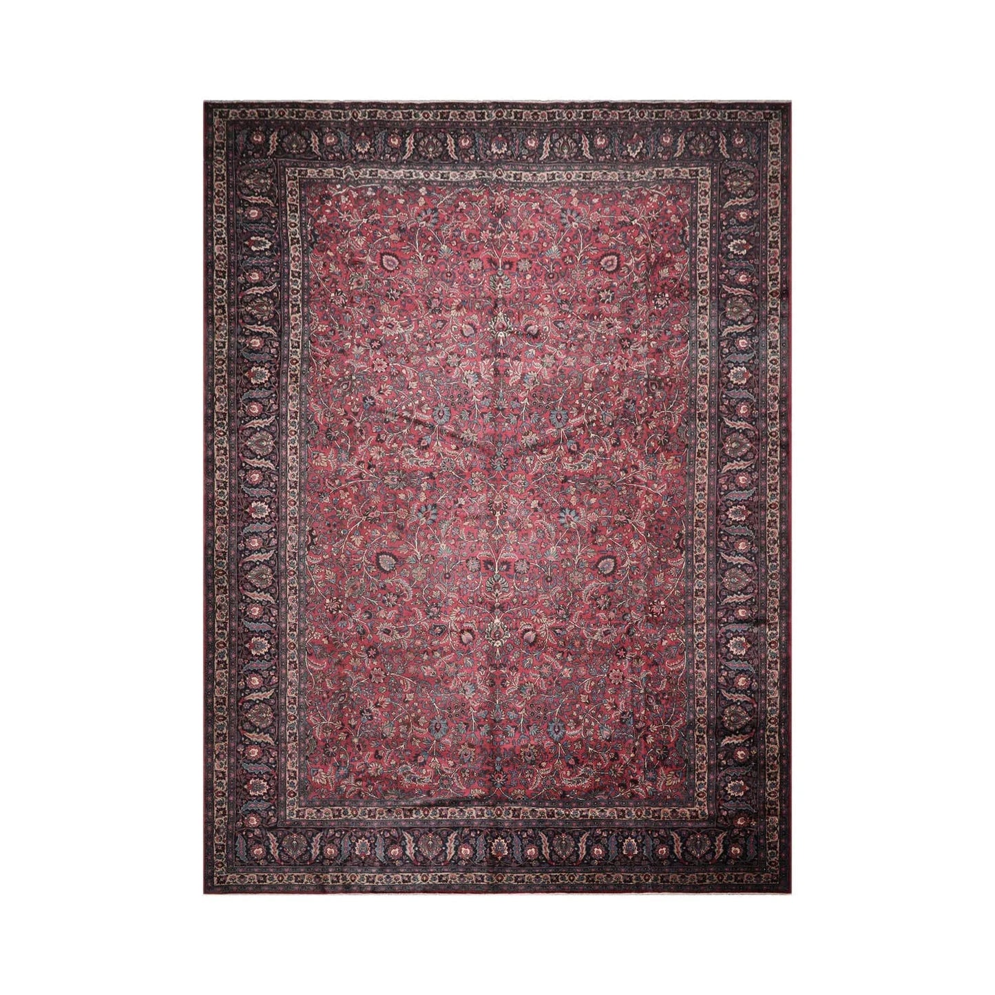 12' 4''x16' 7'' Palace Burgundy, Midnight Blue Hand Knotted 100% Wool Mashad Traditional Oriental Area Rug - Concordia Style Boutique