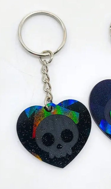 Holographic Skull Heart Key Chain - Eco-Friendly Resin