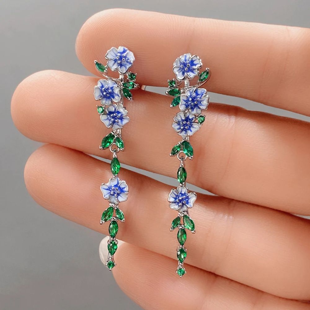 BLUE FLOWER CHAIN EARRINGS (PAIR) - Concordia Style Boutique