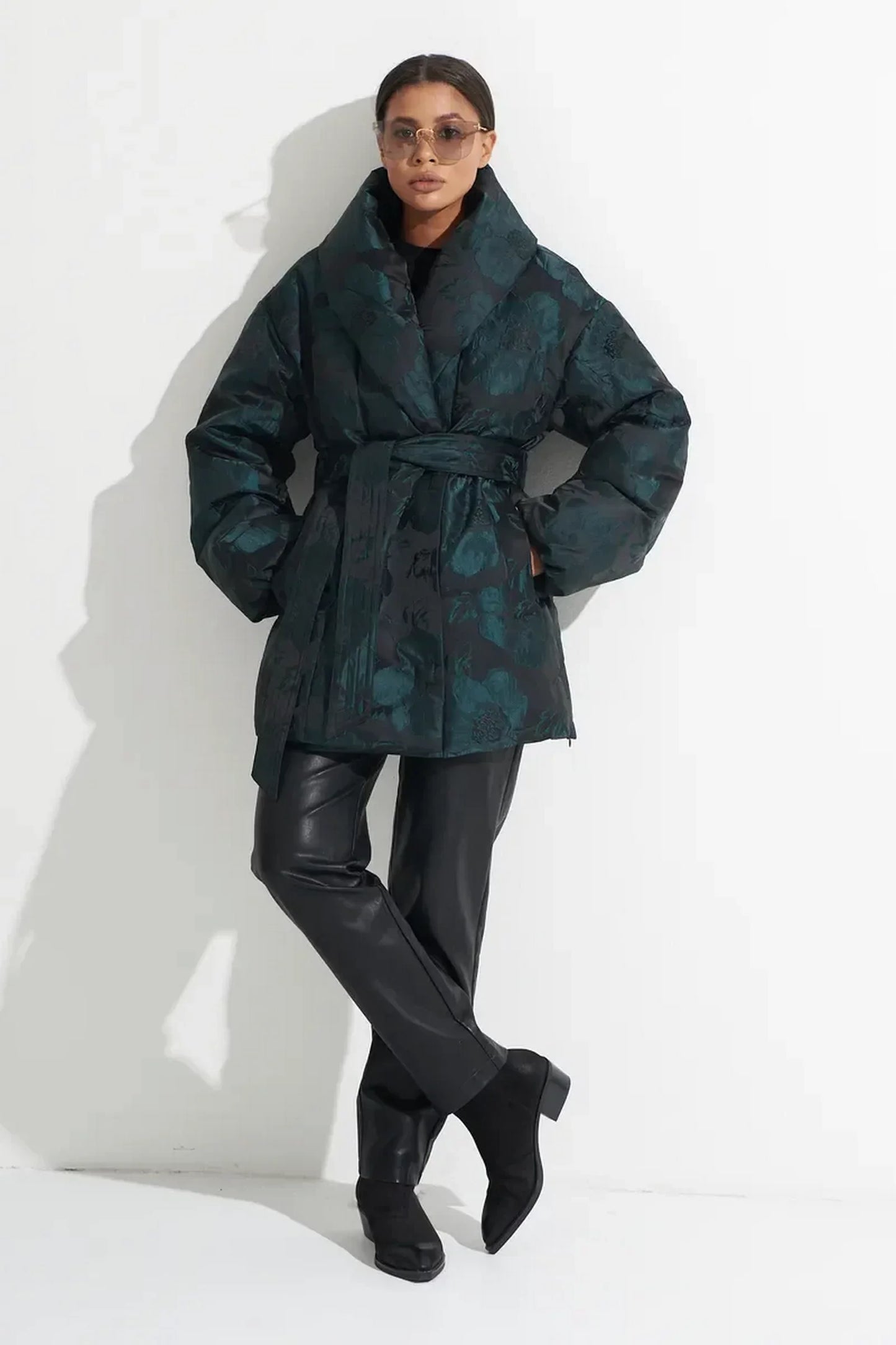 Monochrome Jacquard Down Coat in Vintage Emerald