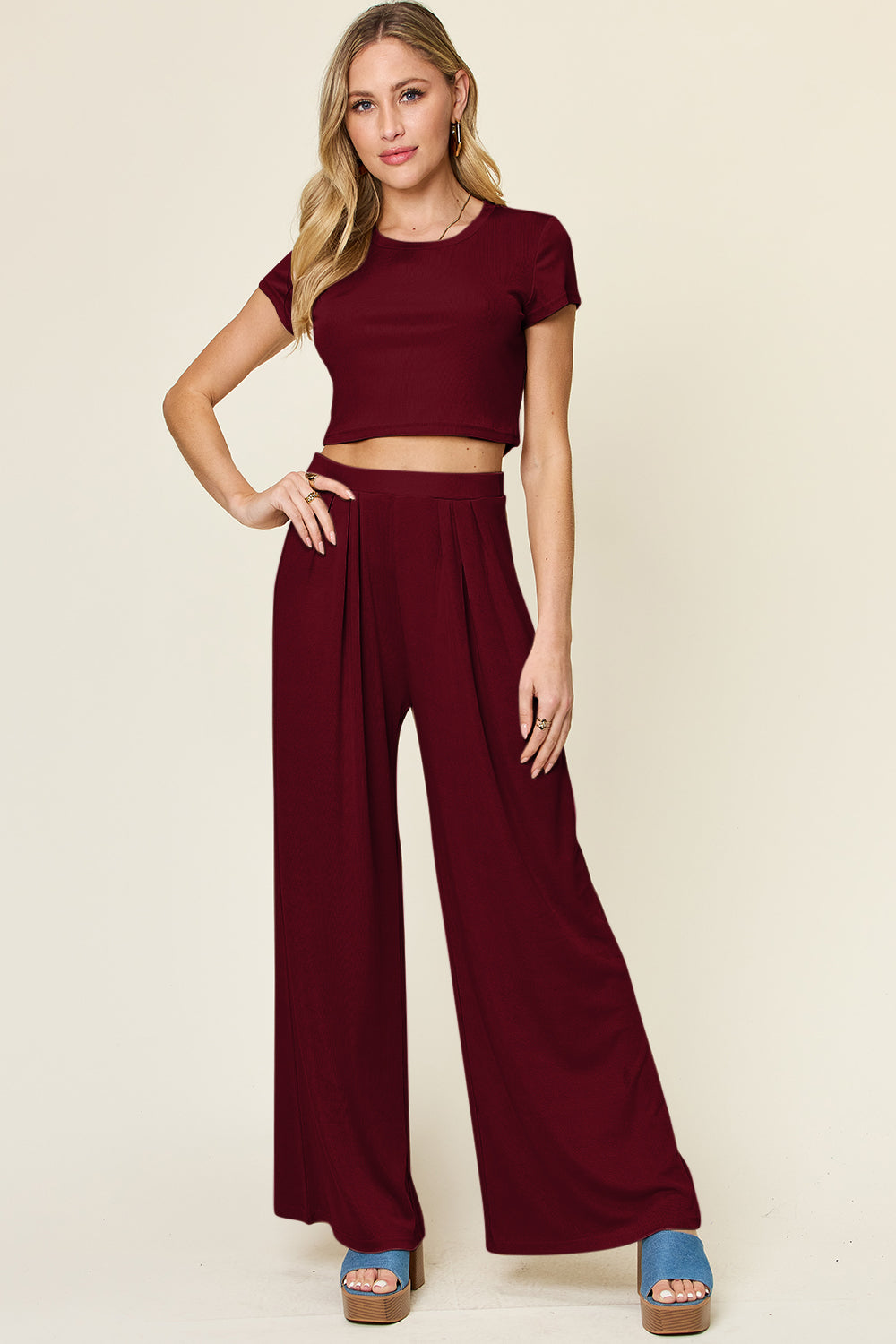 Double Take Full Size Round Neck Top and Pants Set - Concordia Style Boutique