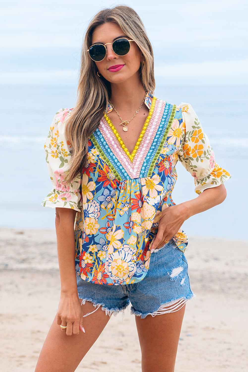 Luxury Multicolour Crochet V Neck Half Sleeve Boho Floral Blouse - Concordia Style Boutique