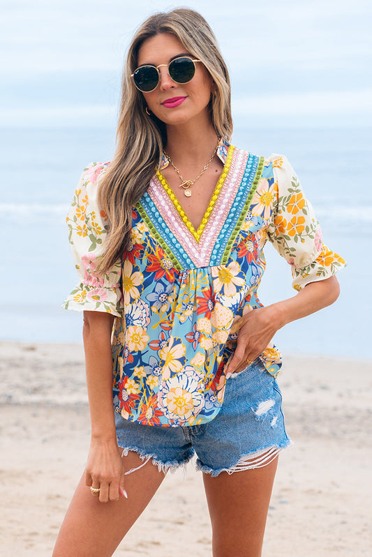 Luxury Multicolour Crochet V Neck Half Sleeve Boho Floral Blouse - Concordia Style Boutique