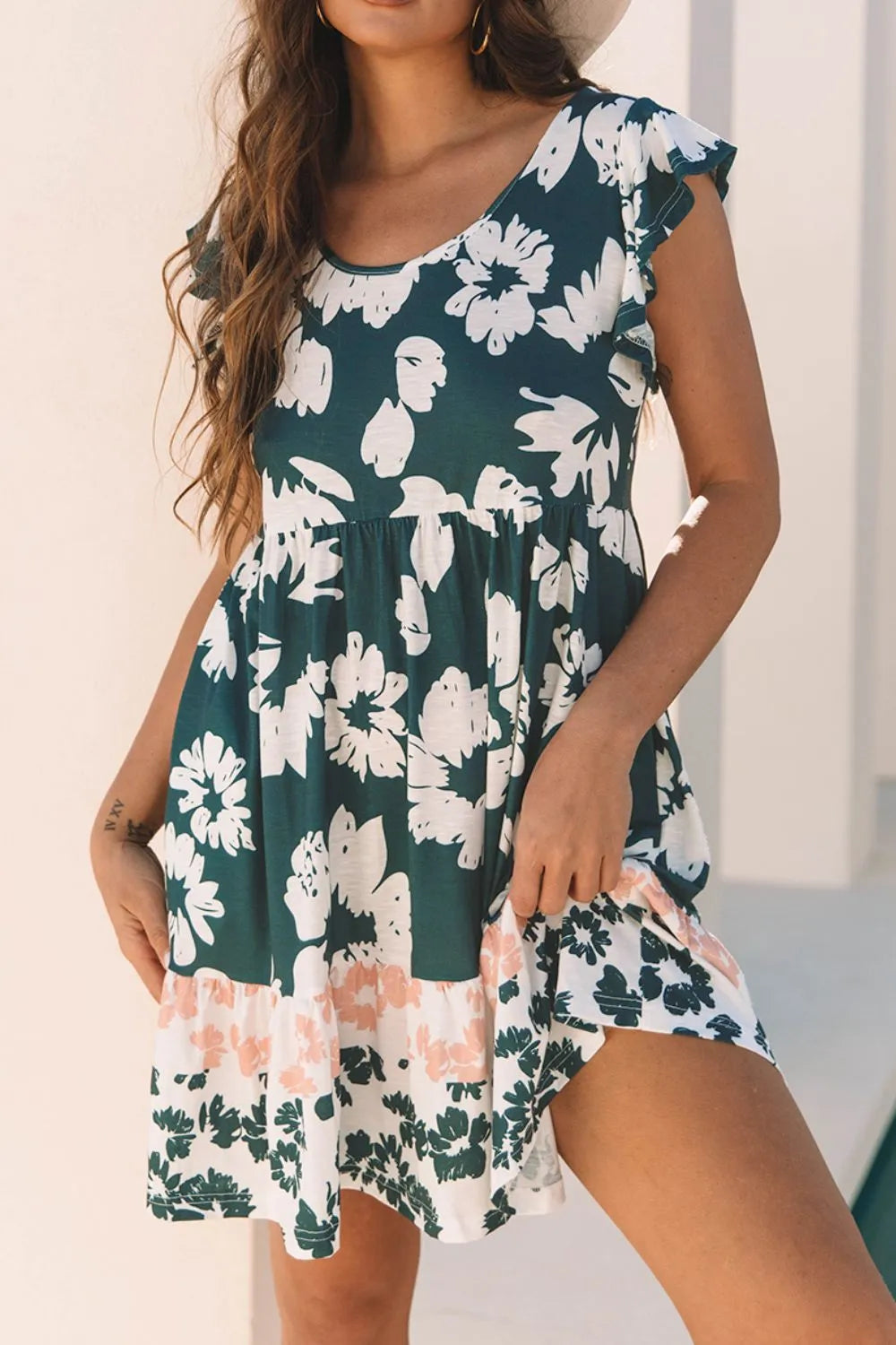 Floral Print Ruffle Sleeve Empire Waist Mini Dress - Concordia Style Boutique