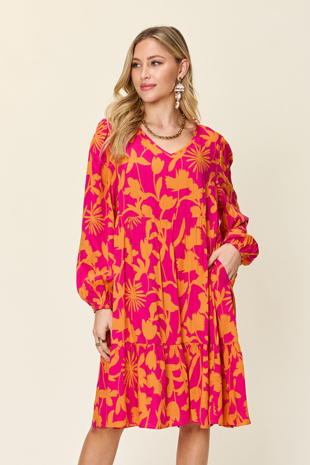 Double Take Full Size Printed Ruffle Hem Long Sleeve Dress - Concordia Style Boutique