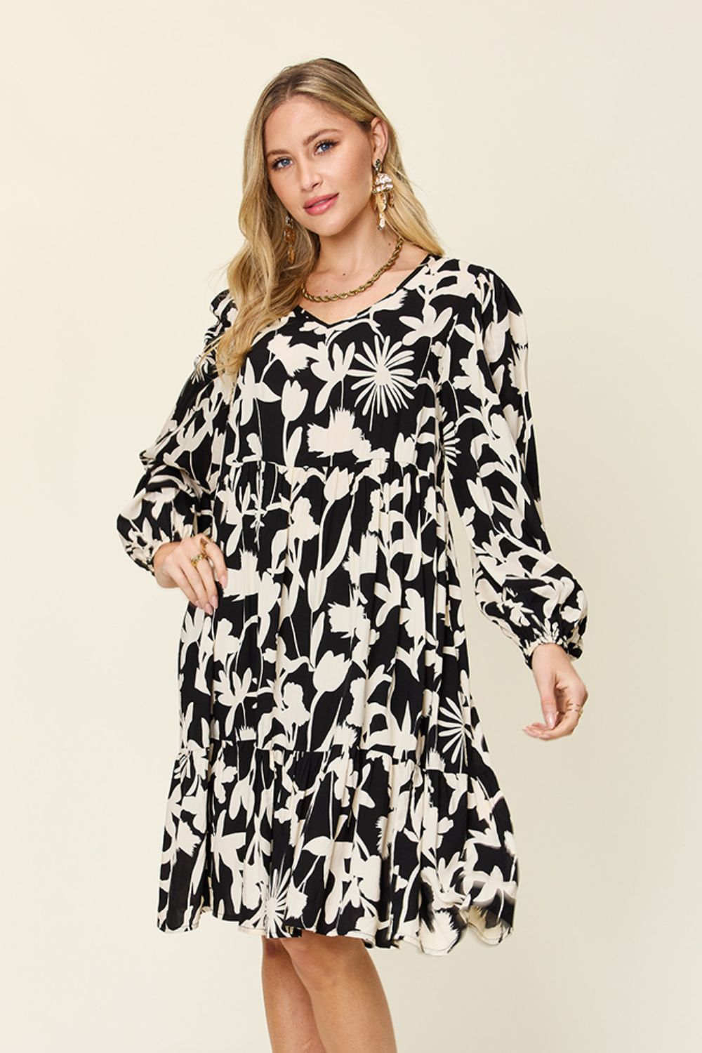 Double Take Full Size Printed Ruffle Hem Long Sleeve Dress - Concordia Style Boutique