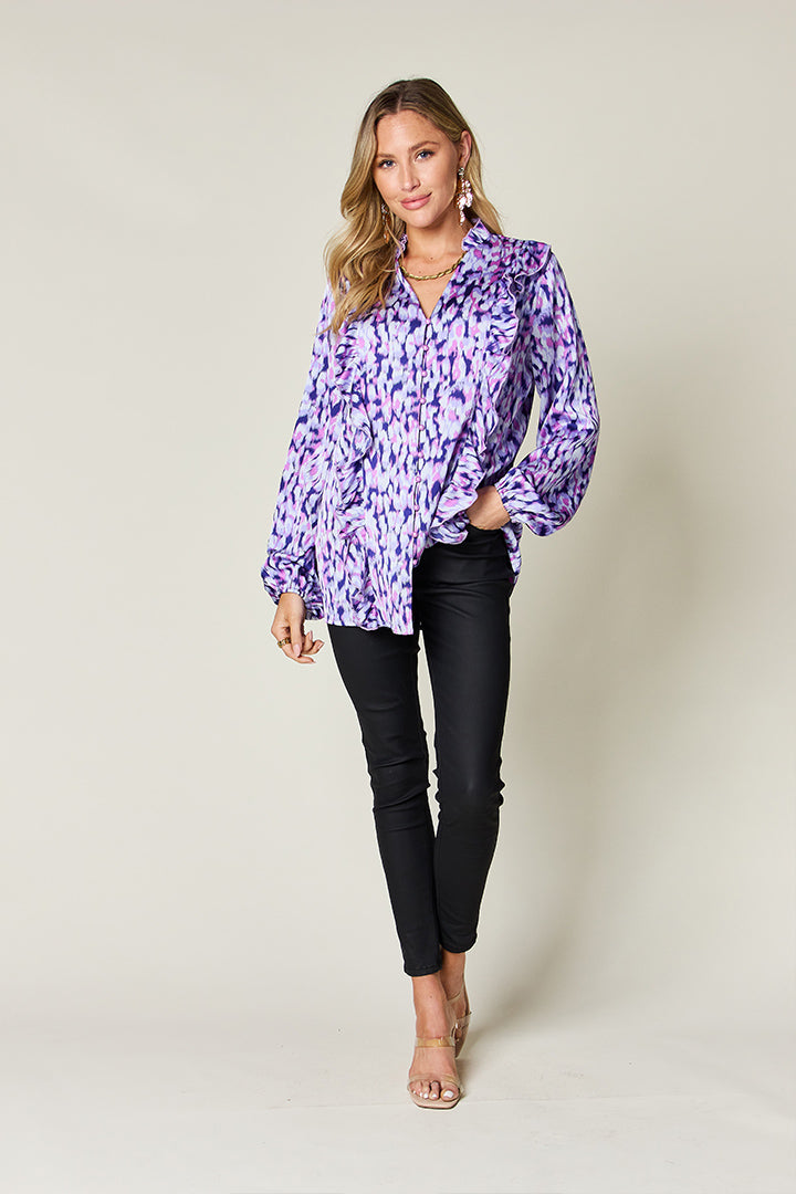 Double Take Full Size Printed Ruffle Trim Balloon Sleeve Shirt - Concordia Style Boutique