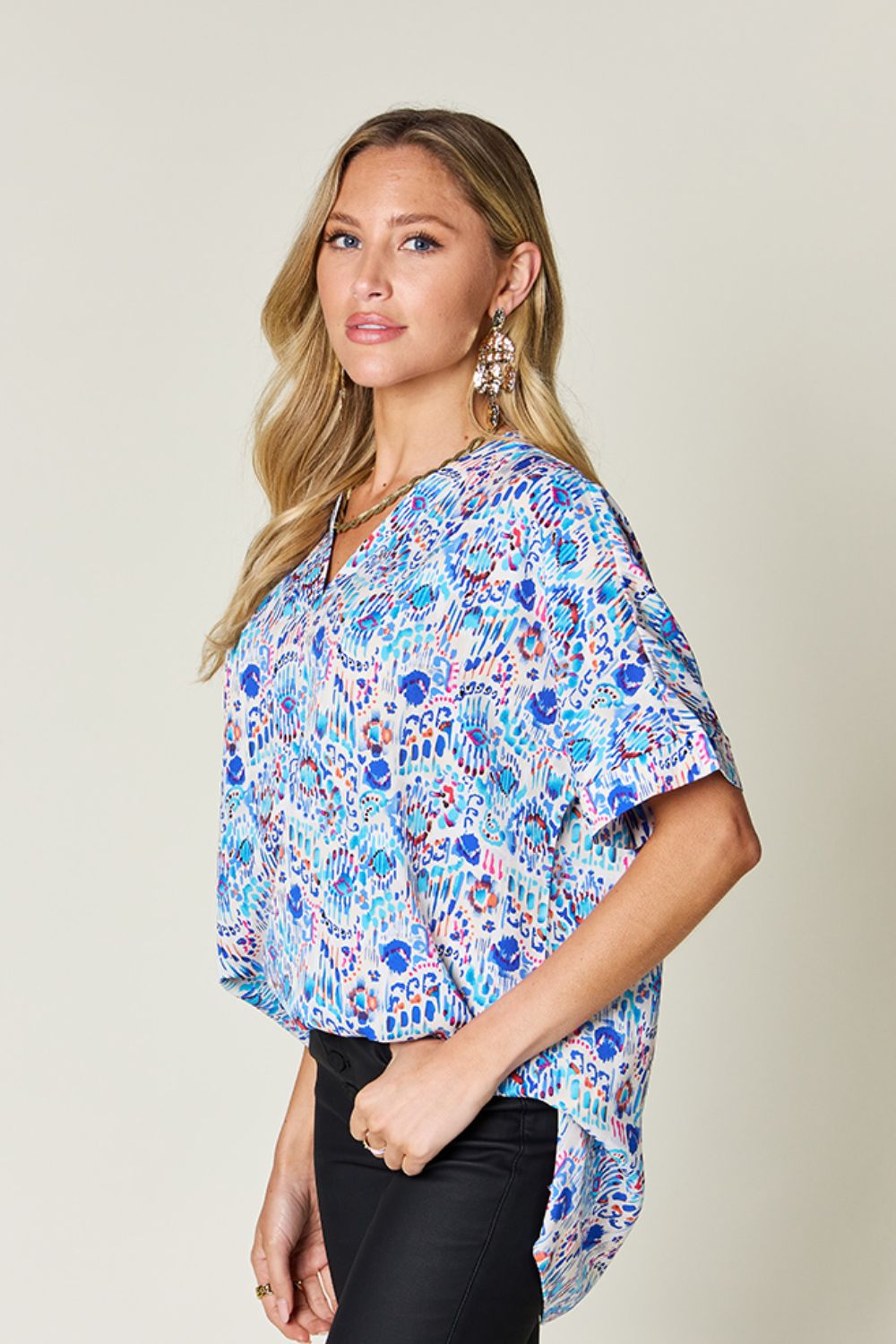 Double Take Full Size Printed V-Neck Short Sleeve Blouse - Concordia Style Boutique