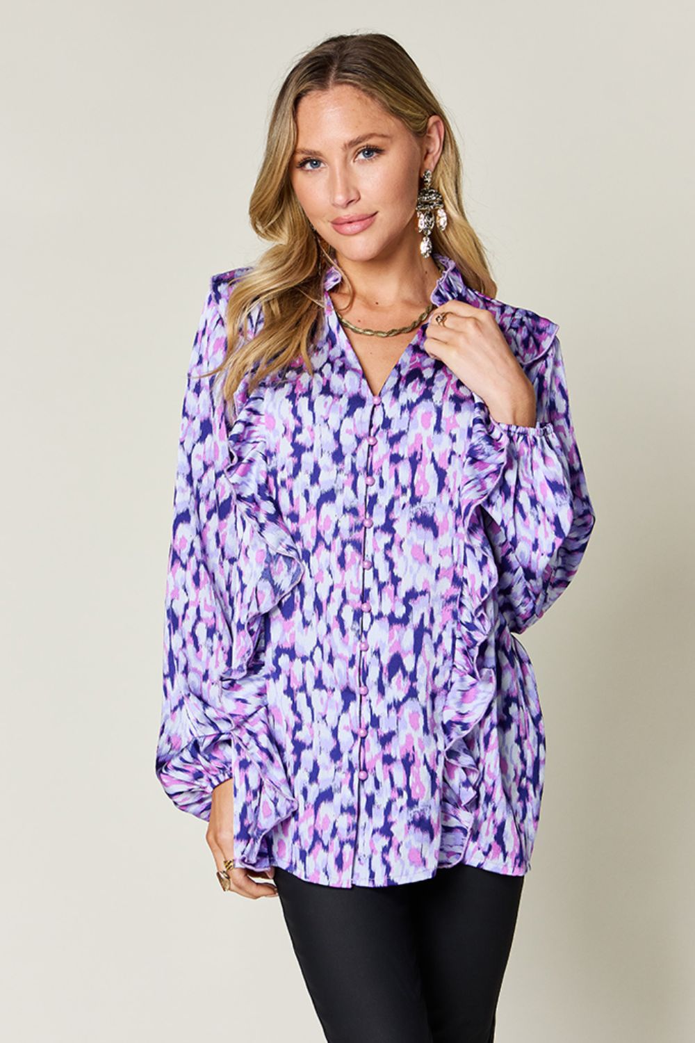 Double Take Full Size Printed Ruffle Trim Balloon Sleeve Shirt - Concordia Style Boutique