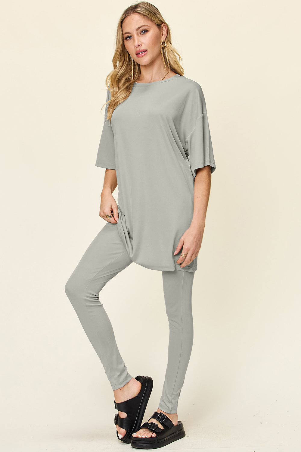 Double Take Full Size Round Neck Dropped Shoulder T-Shirt and Leggings Set - Concordia Style Boutique
